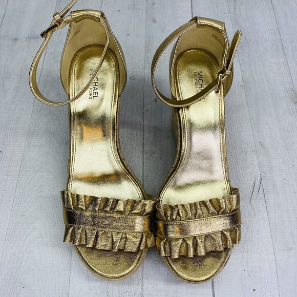 Michael Kors BELLA Gold Metallic Leather Ruffle Jute Platforms Sandals Sz 9 M 39 - Picture 7 of 12